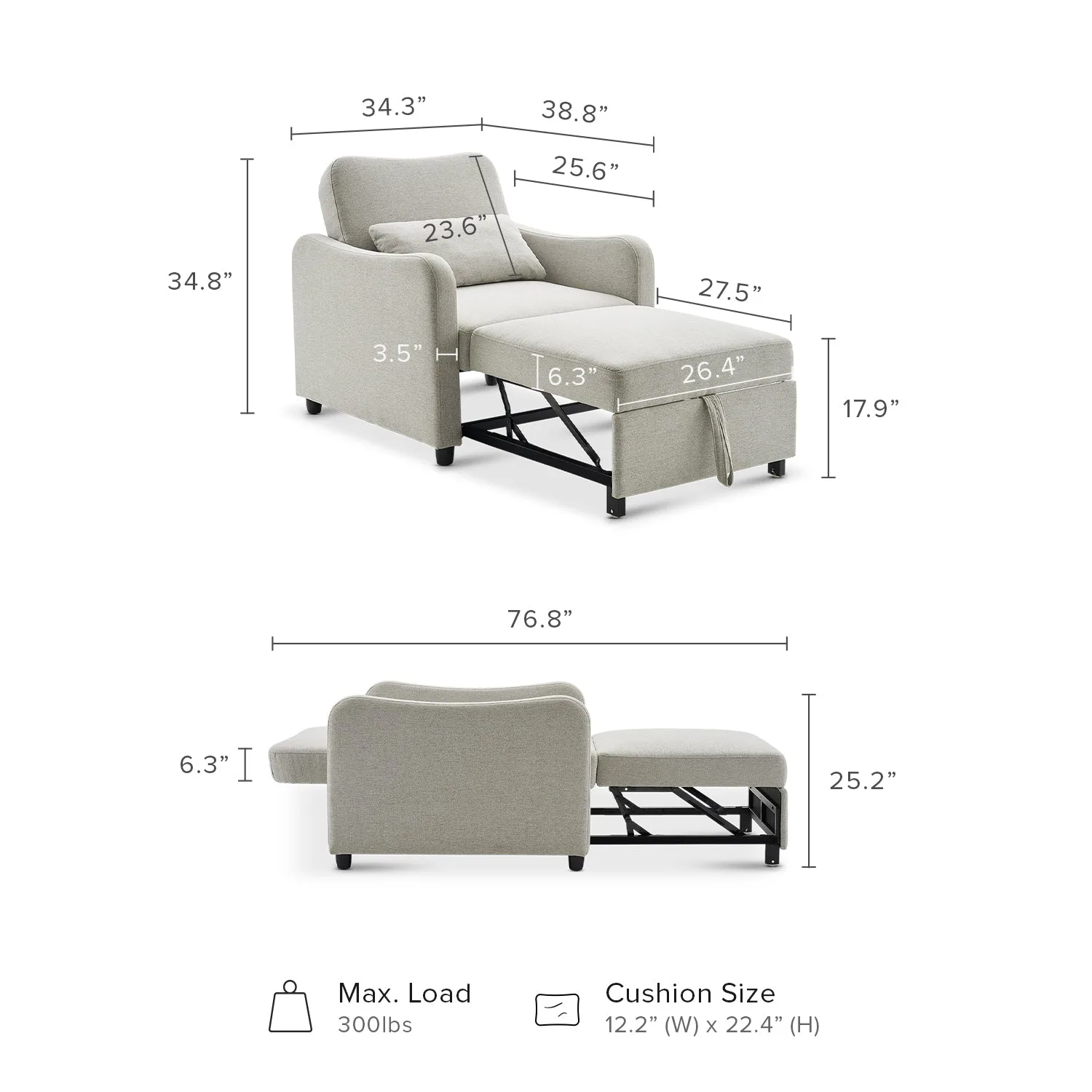 Chair and bed dimensions of the convertible sleeper